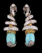 A pair of diamond and turquoise ear pendants, each with an oval cabochon turquoise with brilliant