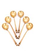 A set of six Russian silver, parcel gilt and niello tea spoons by Keibel, Moscow 1888, 84 zolotniki,