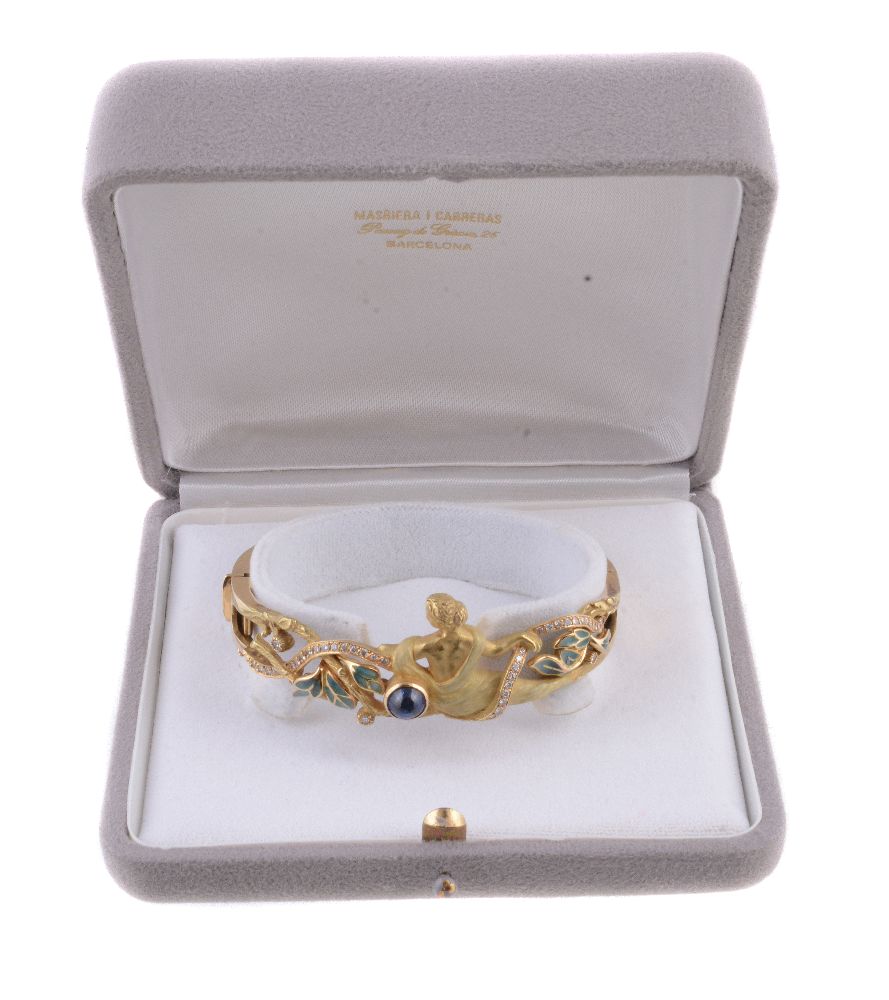 A gold, enamel, sapphire and diamond hinged bangle by Masriera y Carreras, from an original design - Image 2 of 2