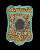 A Victorian silver gilt and turquoise set card case by Robert Thornton, Birmingham 1866, of stylised