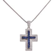 An 18 carat gold sapphire and diamond cross pendant by Leo Pizzo, the Latin cross set with square