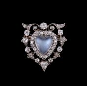 A Victorian diamond and moonstone heart brooch/pendant, circa 1880, the polished cabochon heart