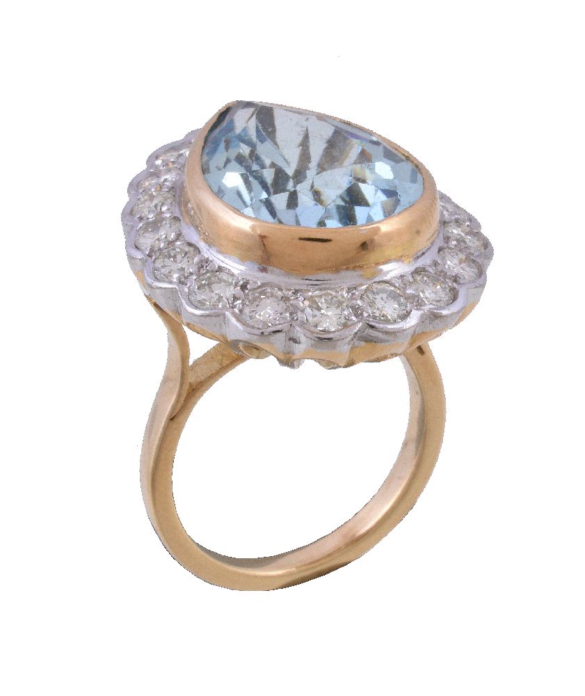 An aquamarine and diamond dress ring, the pear cut aquamarine estimated to weigh 6.84 carats