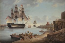 Anton Schranz (German 1769-1839) HMS Caledonia in Mahon; HMS Caledonia Leaving Mahon A pair Oil on