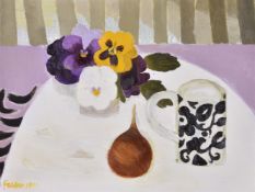 λ Mary Fedden (British 1915-2012) Still life with pansies and onion