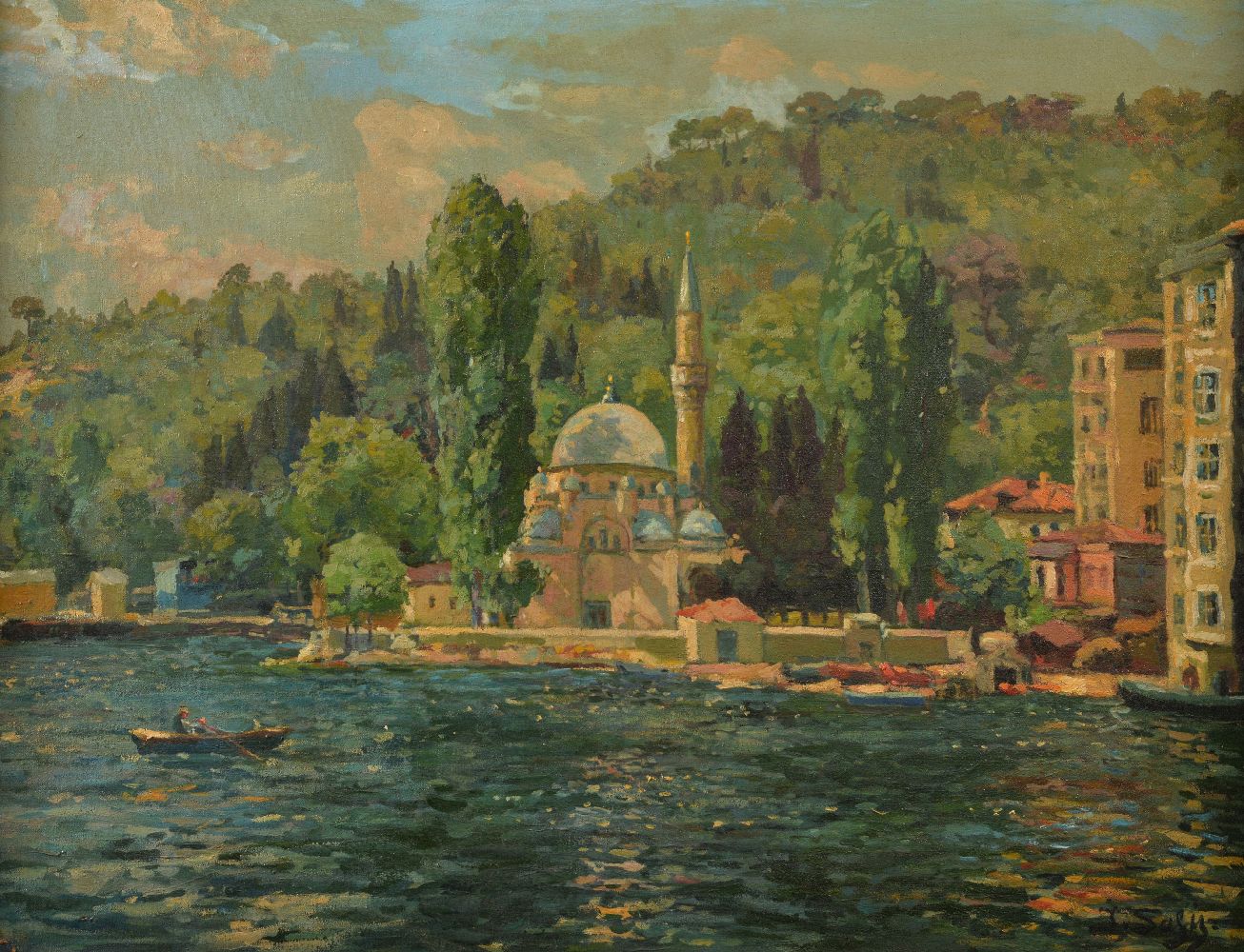Ibrahim Safi (Azerbaijanian 1898-1983) Bebek Mosque and Bosphorus Oil on canvas Signed lower