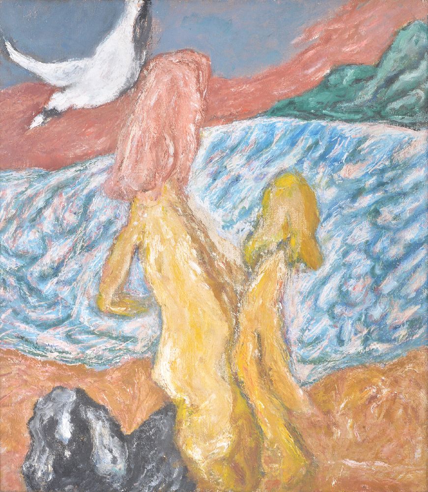 λ Henryk Gotlib (Polish/British 1890-1966) Girls by the Sea with Dog and Bird Oil on canvas