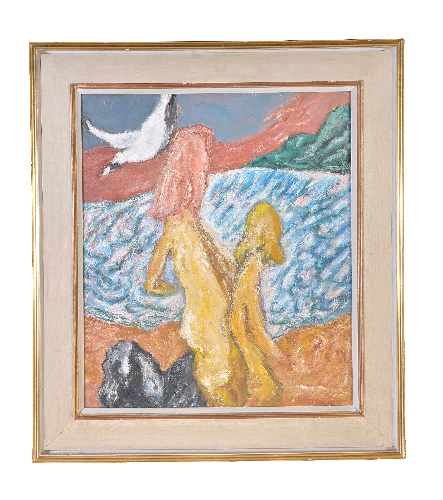 λ Henryk Gotlib (Polish/British 1890-1966) Girls by the Sea with Dog and Bird Oil on canvas - Image 2 of 3