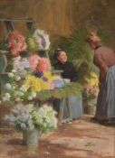 Victor Gabriel Gilbert (French 1847-1933) Le Marche aux Fleurs Gouache Signed lower right 38 x