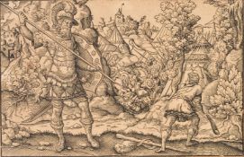 Attributed to Jost Amman (1539-1591) David and Goliath Woodcut printed from 2 blocks on a single