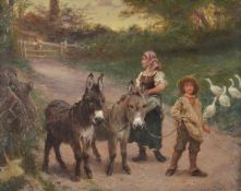 Edgar Bundy (British 1862-1922) Peasant Children with Donkeys and Geese Oil on canvas Signed and