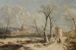 Joseph Paul Pettitt (British 1812-1882) Winter landscape with river fort Oil on canvas Signed and