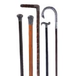 ϒ Five silver or silver coloured mounted walking sticks