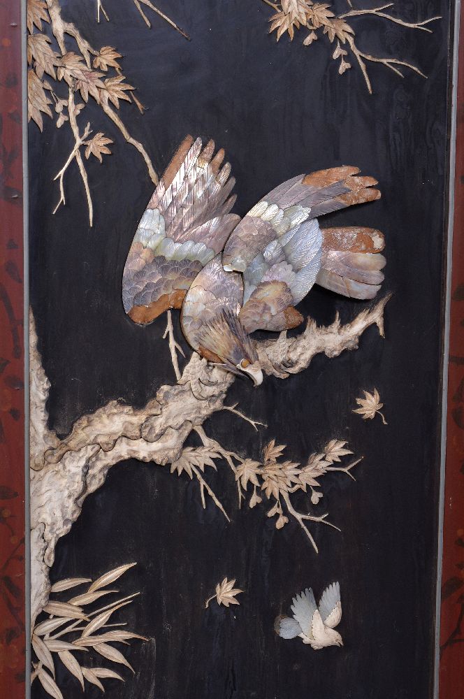 ϒ A Japanese Four-Fold Wood Screen, early 20th century, the frame carved with reserves of peonies - Image 4 of 8