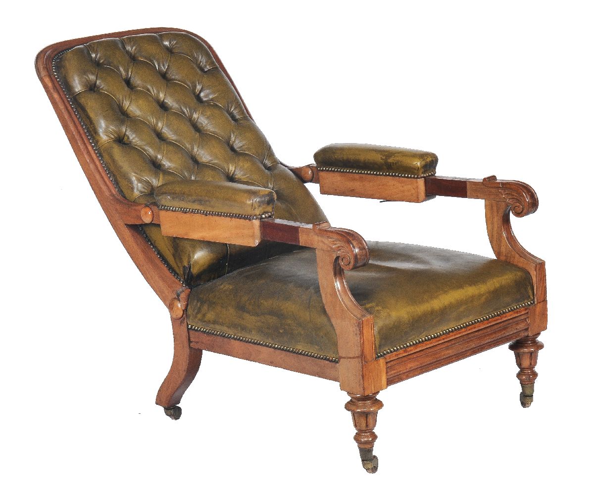 A Victorian green leather upholstered library armchair, circa 1870, with reclining action after - Image 2 of 2
