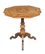 An Italian octagonal walnut and parquetry inlaid centre table, 19th century, with central inlaid