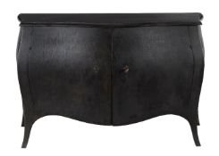 A black painted commode in 18th century style, of recent manufacture, of bombe outline, 91cm high,