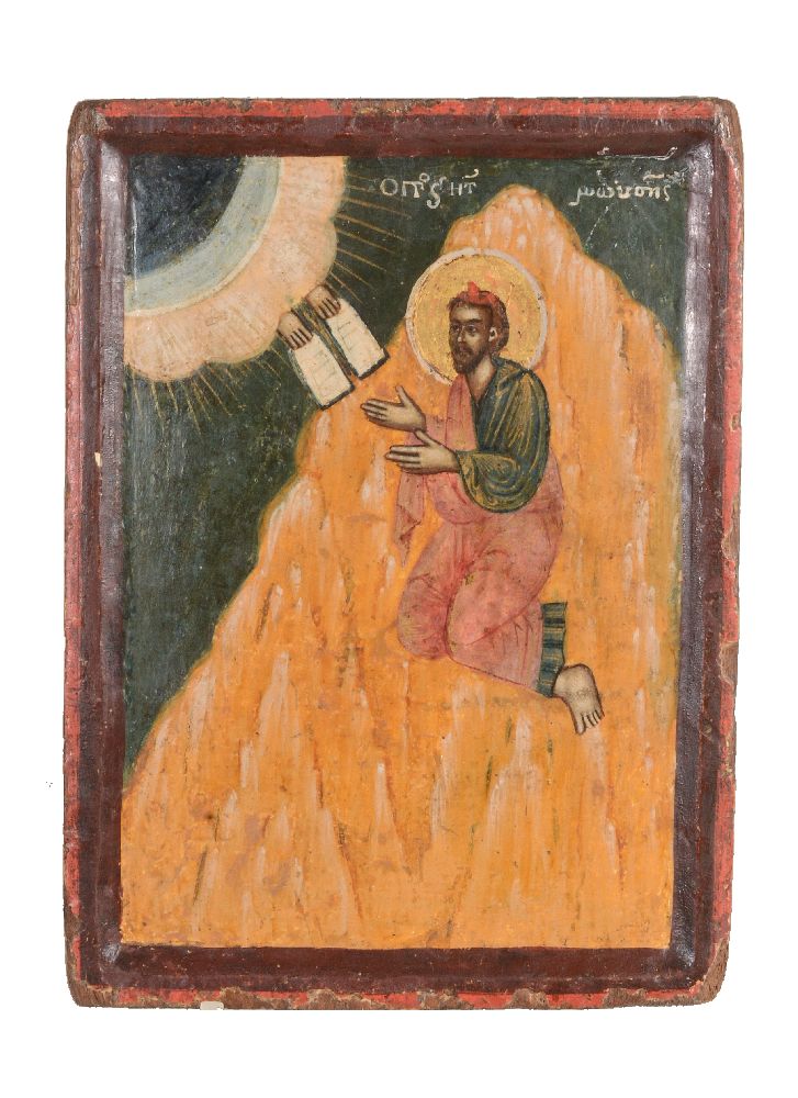 A Melkite (Asia Minor) School icon depicting Moses receiving the Tablets of the Law, circa 1800,