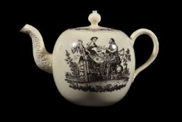 A Wedgwood creamware Liverpool printed bullet-shaped teapot and cover, circa 1780, printed in