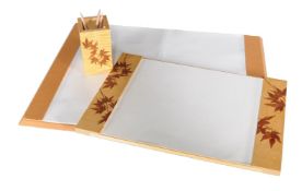 A suite of Linley sycamore and maple leaves inlaid desk items, comprising a blotter, 31cm x 45cm,