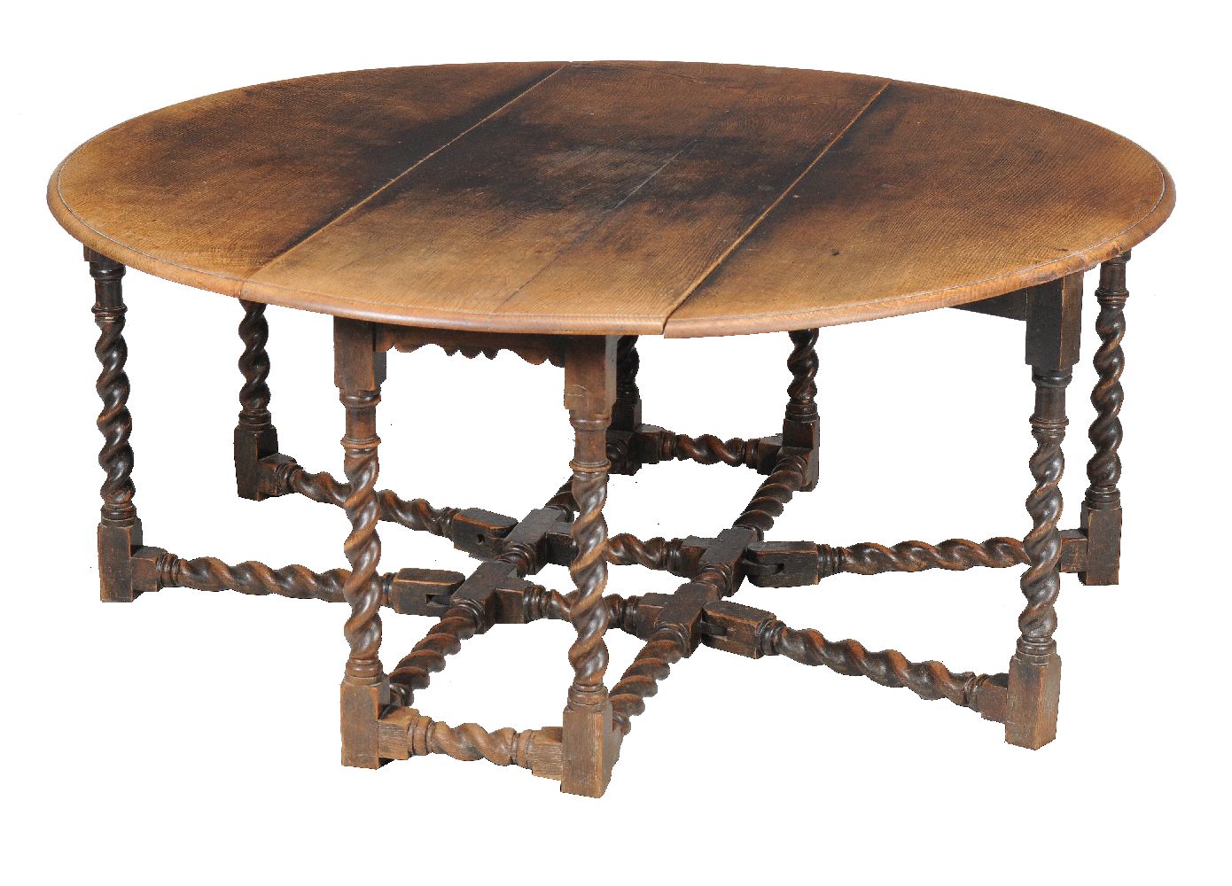 An oak gateleg dining table in 17th century style, 19th century, with spiral turned legs and