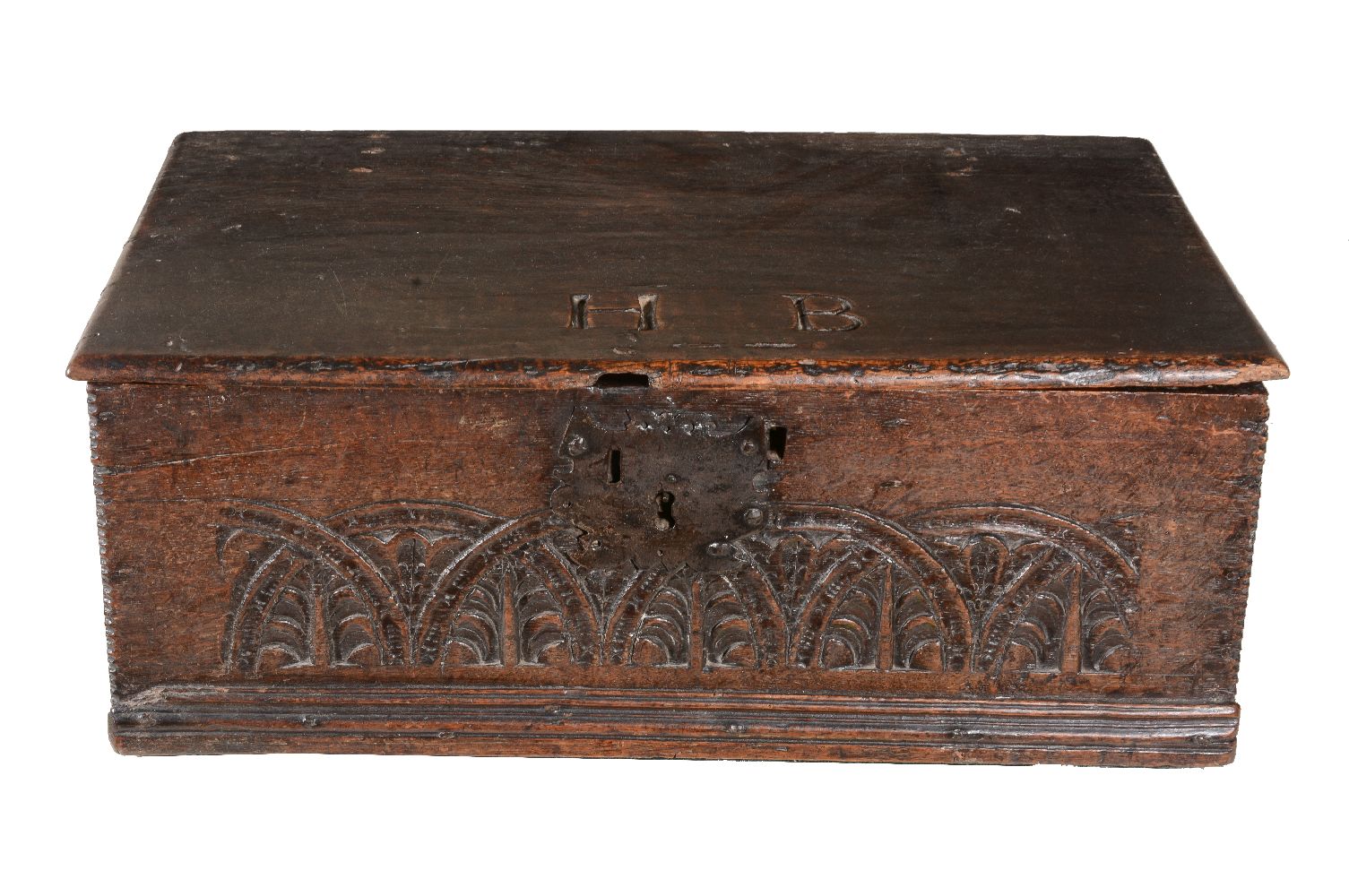 A Charles II oak Bible box, third quarter 17th century, of rectangular form, the hinged cover