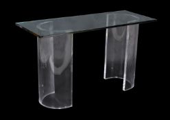 A glass and Perspex console table, 20th century, the rectangular top above the hollowform