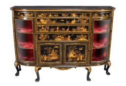 A lacquered and parcel gilt side cabinet, 19th century, of break-bowfront outline, decorated all