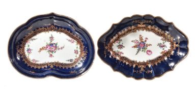A Worcester blue-ground kidney-shaped dish, circa 1770, the centre painted with floral sprays within