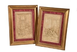 Two carved composition bas reliefs depicting scenes from the story of the courtier David Riccio,