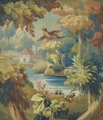 Two similar gouache landscape scenes on board in the style of 18th century Aubusson Verdure