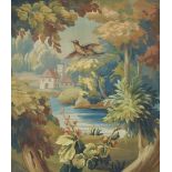 Two similar gouache landscape scenes on board in the style of 18th century Aubusson Verdure