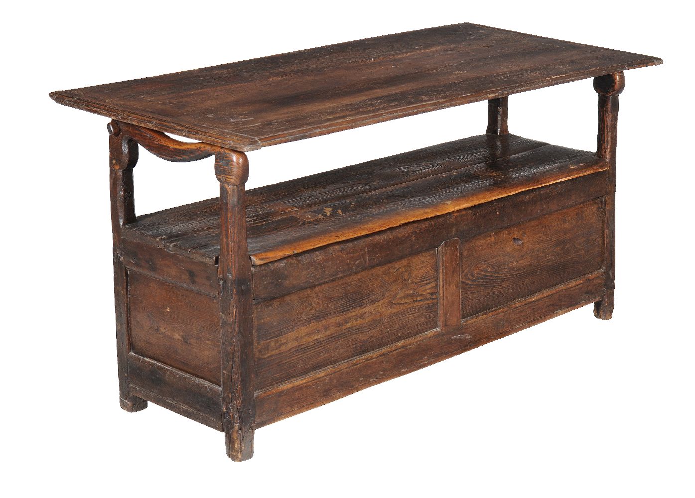 A pine monks bench, early 18th century, 76cm high as a table, the top 150cm wide, 72cm deep - Image 2 of 2