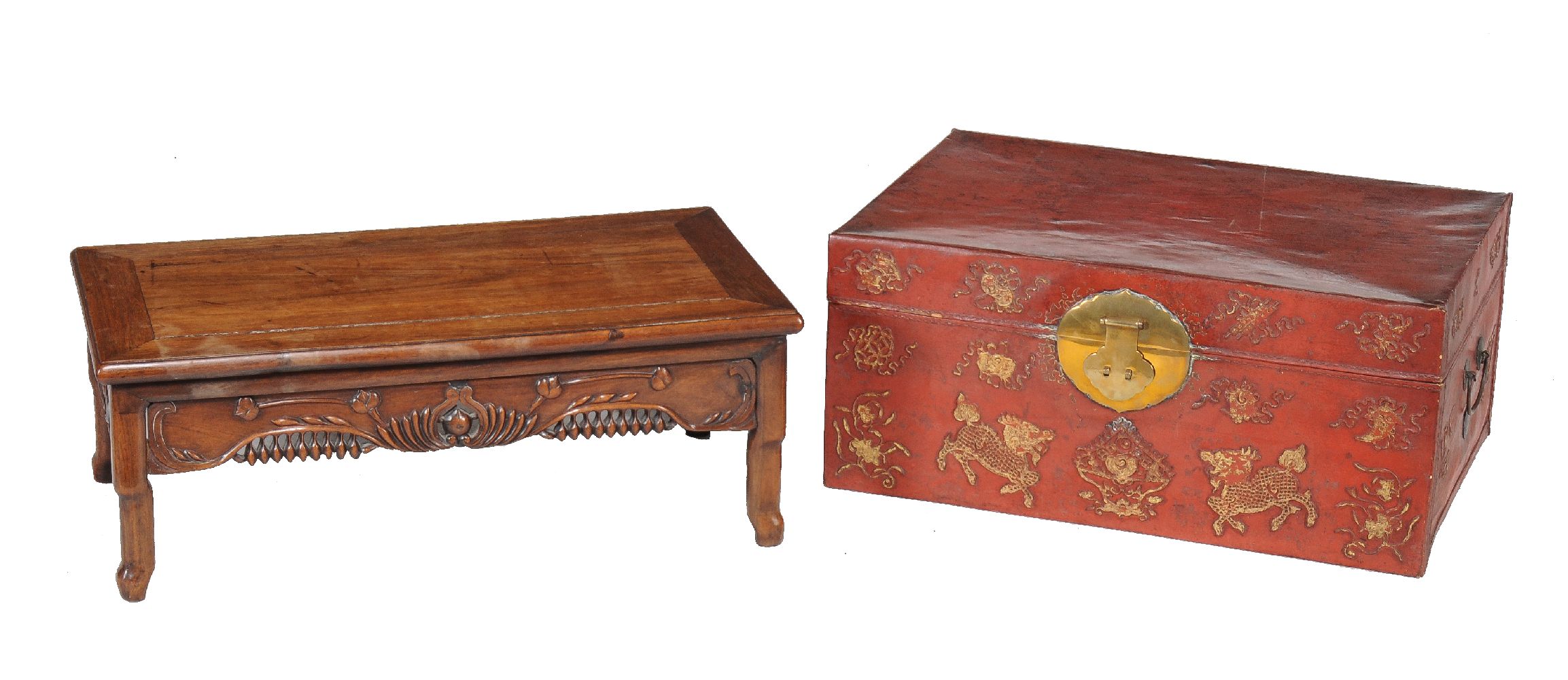 A red leather and parcel gilt small travelling chest, 32cm high, 71cm wide, 47cm deep, together with
