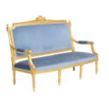 A carved giltwood settee in Louis XVI style, 20th century, 109cm high, 158cm wide, 74cm deep and a