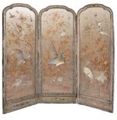 A Three-Fold Painted Wood Screen, each glazed panel fitted with a Japanese embroidered silk panel of