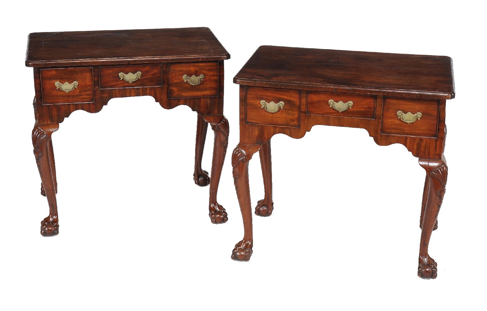 A pair of mahogany side tables in George II style, incorporating some period elements, 71cm high,