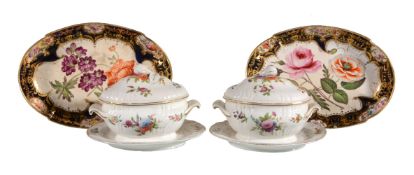 A pair of Coalport sauce tureens, covers and stands, circa 1820, in the Meissen style and painted
