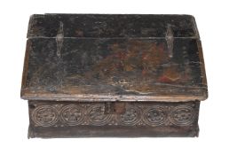 A black lacquer and chinoiserie decorated oak desk box, circa 1660, the lacquer decoration