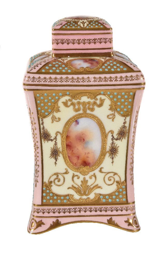 A 'jewelled' Coalport square section tapered urn and cover, circa 1900, decorated with marbled - Image 4 of 6