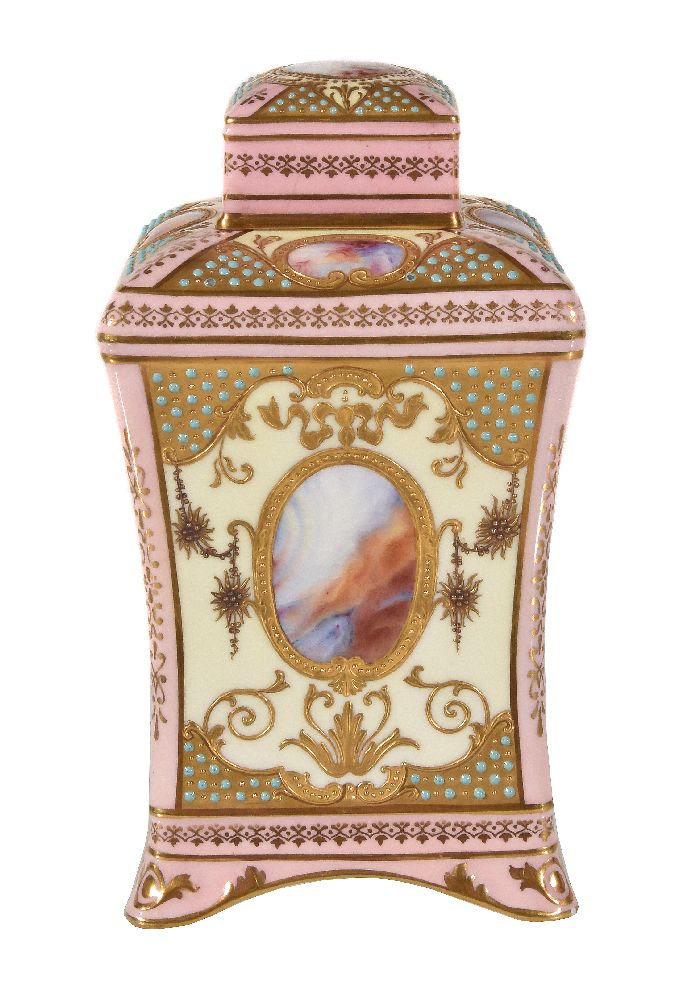 A 'jewelled' Coalport square section tapered urn and cover, circa 1900, decorated with marbled - Image 3 of 6