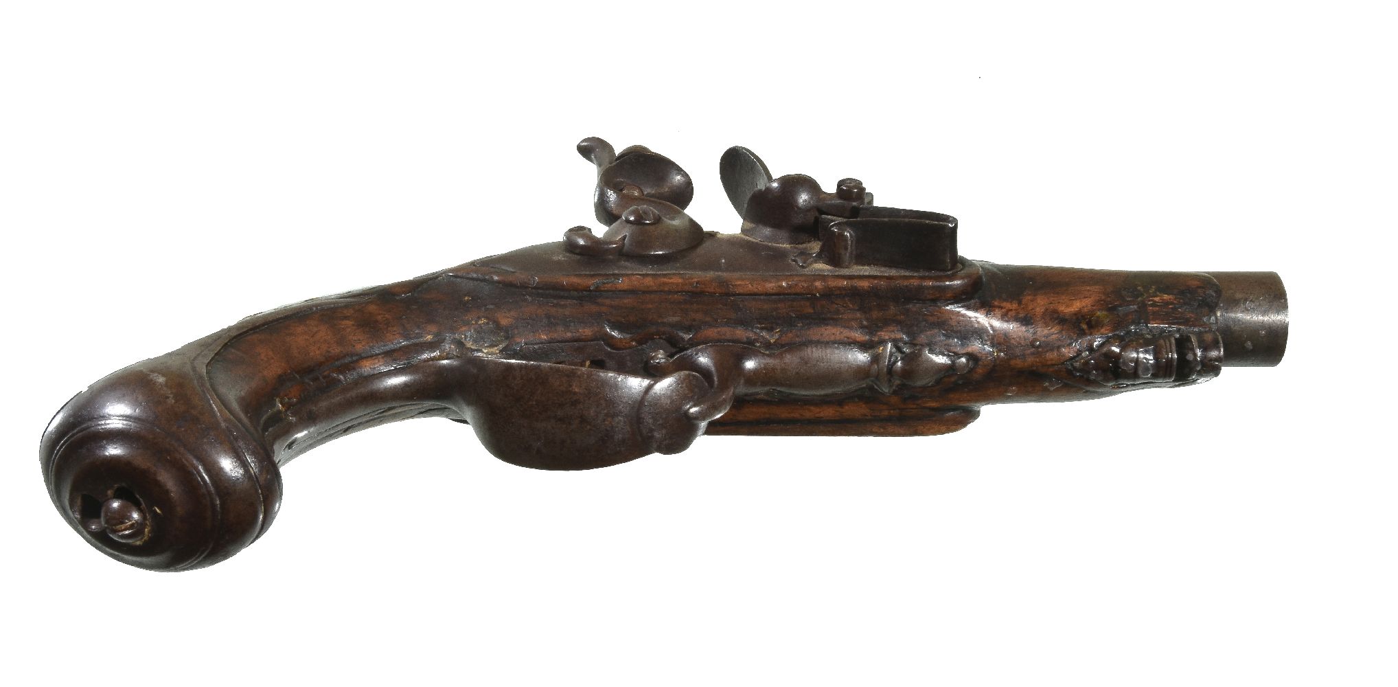A Continental flintlock travelling pistol, 18th century, walnut with 3 1/2inch round steel barrel, - Image 3 of 6
