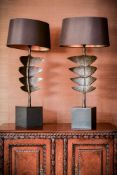 A pair of patinated metal and slate table lamps by Porta Romana, of the 'Giacometti Leaf' model,