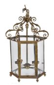 A gilt brass and glazed hexagonal hall lantern in George III style, early 20th century, the