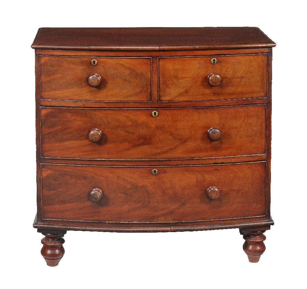 A Regency mahogany bowfront chest of drawers, circa 1815, solid ash drawer linings throughout,