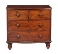 A Regency mahogany bowfront chest of drawers, circa 1815, solid ash drawer linings throughout,