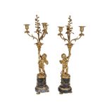 A pair of gilt brass and marble mounted candelabra in Louis XV taste, late 19th century, the urn