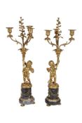 A pair of gilt brass and marble mounted candelabra in Louis XV taste, late 19th century, the urn