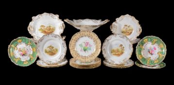 A Ridgway porcelain rococo revival part dessert service, mid 19th century, painted with landscape