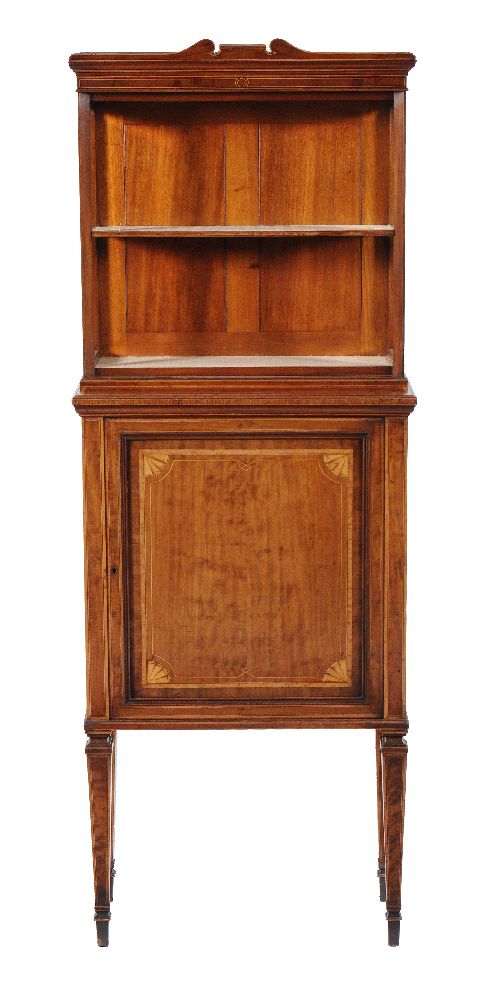 A mahogany and inlaid side cabinet, circa 1905, of narrow proportion, with an associated glazed